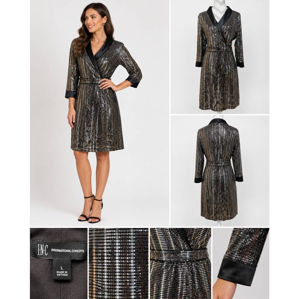 INC International Concepts Sequin Wrap Dress Black Silver L Knee Length